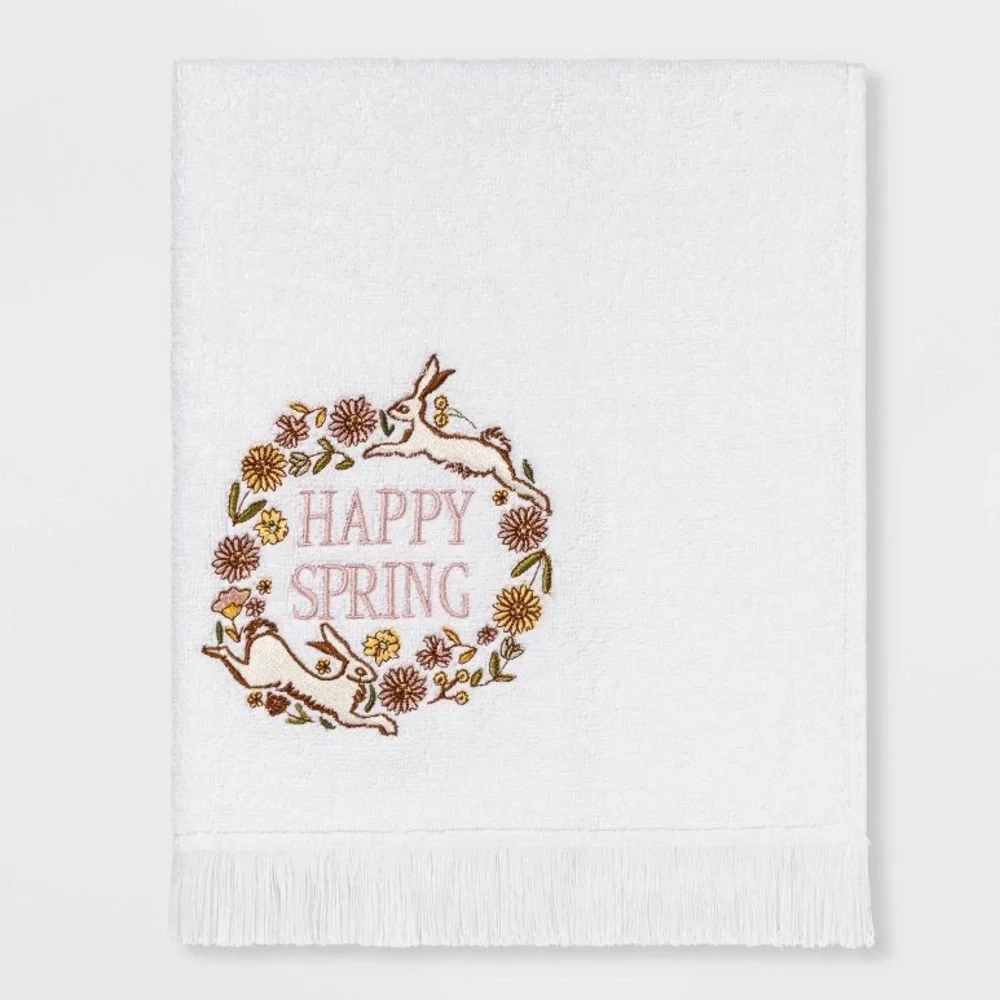 Happy Spring Hand Towel White Embroidered